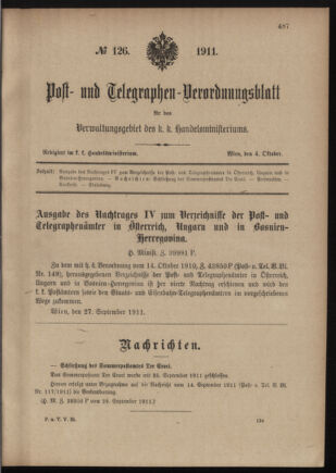 Post- und Telegraphen-Verordnungsblatt für das Verwaltungsgebiet des K.-K. Handelsministeriums 19111004 Seite: 1