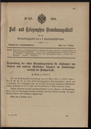 Post- und Telegraphen-Verordnungsblatt für das Verwaltungsgebiet des K.-K. Handelsministeriums 19111007 Seite: 1