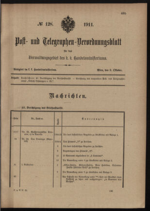 Post- und Telegraphen-Verordnungsblatt für das Verwaltungsgebiet des K.-K. Handelsministeriums 19111009 Seite: 1