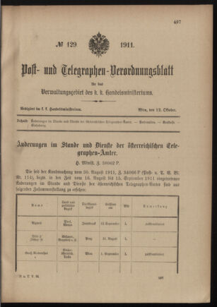 Post- und Telegraphen-Verordnungsblatt für das Verwaltungsgebiet des K.-K. Handelsministeriums 19111012 Seite: 1