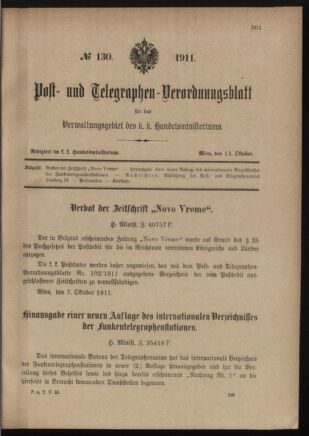 Post- und Telegraphen-Verordnungsblatt für das Verwaltungsgebiet des K.-K. Handelsministeriums 19111013 Seite: 1