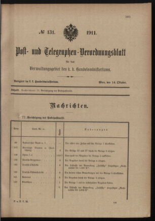 Post- und Telegraphen-Verordnungsblatt für das Verwaltungsgebiet des K.-K. Handelsministeriums 19111014 Seite: 1