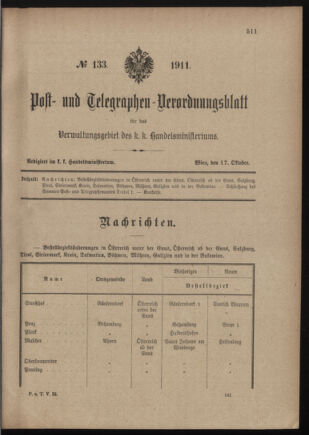 Post- und Telegraphen-Verordnungsblatt für das Verwaltungsgebiet des K.-K. Handelsministeriums 19111017 Seite: 1