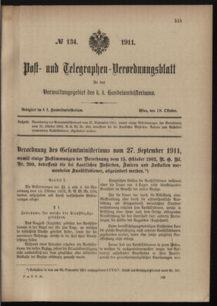 Post- und Telegraphen-Verordnungsblatt für das Verwaltungsgebiet des K.-K. Handelsministeriums 19111018 Seite: 1