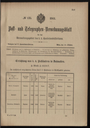 Post- und Telegraphen-Verordnungsblatt für das Verwaltungsgebiet des K.-K. Handelsministeriums 19111019 Seite: 1