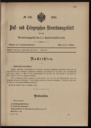 Post- und Telegraphen-Verordnungsblatt für das Verwaltungsgebiet des K.-K. Handelsministeriums 19111021 Seite: 1