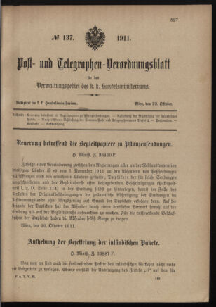 Post- und Telegraphen-Verordnungsblatt für das Verwaltungsgebiet des K.-K. Handelsministeriums 19111023 Seite: 1