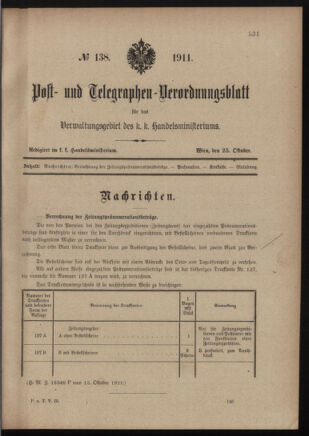 Post- und Telegraphen-Verordnungsblatt für das Verwaltungsgebiet des K.-K. Handelsministeriums 19111025 Seite: 1