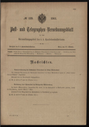 Post- und Telegraphen-Verordnungsblatt für das Verwaltungsgebiet des K.-K. Handelsministeriums 19111027 Seite: 1