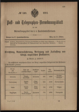 Post- und Telegraphen-Verordnungsblatt für das Verwaltungsgebiet des K.-K. Handelsministeriums 19111031 Seite: 1