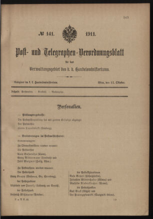 Post- und Telegraphen-Verordnungsblatt für das Verwaltungsgebiet des K.-K. Handelsministeriums 19111031 Seite: 7