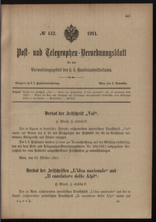 Post- und Telegraphen-Verordnungsblatt für das Verwaltungsgebiet des K.-K. Handelsministeriums 19111102 Seite: 1