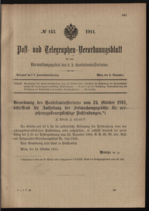 Post- und Telegraphen-Verordnungsblatt für das Verwaltungsgebiet des K.-K. Handelsministeriums 19111104 Seite: 1