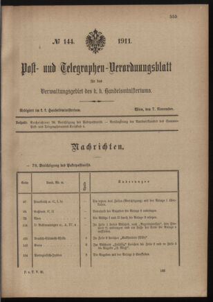 Post- und Telegraphen-Verordnungsblatt für das Verwaltungsgebiet des K.-K. Handelsministeriums 19111107 Seite: 1