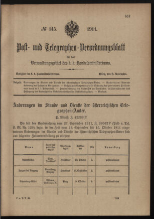 Post- und Telegraphen-Verordnungsblatt für das Verwaltungsgebiet des K.-K. Handelsministeriums 19111108 Seite: 1