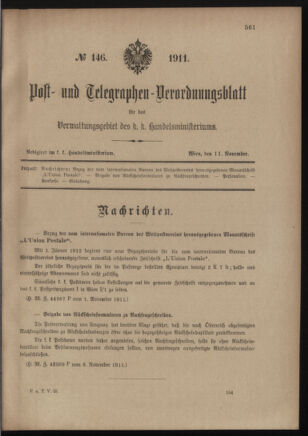 Post- und Telegraphen-Verordnungsblatt für das Verwaltungsgebiet des K.-K. Handelsministeriums 19111111 Seite: 1