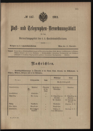 Post- und Telegraphen-Verordnungsblatt für das Verwaltungsgebiet des K.-K. Handelsministeriums 19111116 Seite: 1