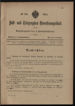 Post- und Telegraphen-Verordnungsblatt für das Verwaltungsgebiet des K.-K. Handelsministeriums 19111118 Seite: 1