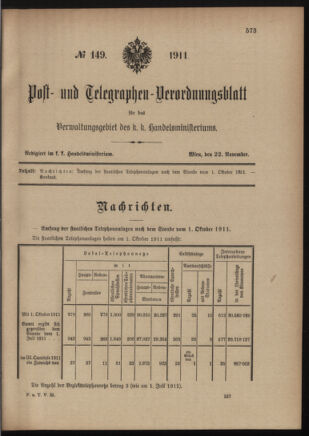 Post- und Telegraphen-Verordnungsblatt für das Verwaltungsgebiet des K.-K. Handelsministeriums 19111122 Seite: 1