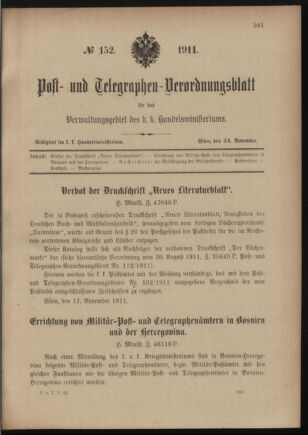 Post- und Telegraphen-Verordnungsblatt für das Verwaltungsgebiet des K.-K. Handelsministeriums 19111124 Seite: 1