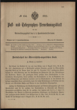 Post- und Telegraphen-Verordnungsblatt für das Verwaltungsgebiet des K.-K. Handelsministeriums 19111127 Seite: 1