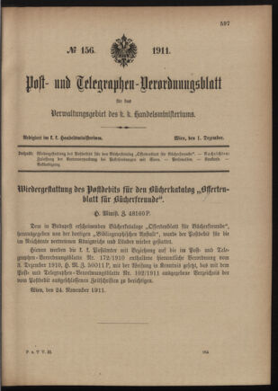 Post- und Telegraphen-Verordnungsblatt für das Verwaltungsgebiet des K.-K. Handelsministeriums 19111201 Seite: 1