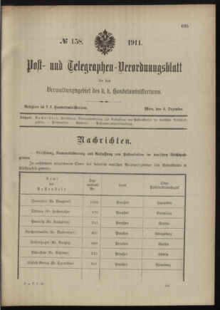 Post- und Telegraphen-Verordnungsblatt für das Verwaltungsgebiet des K.-K. Handelsministeriums 19111204 Seite: 1