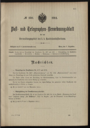 Post- und Telegraphen-Verordnungsblatt für das Verwaltungsgebiet des K.-K. Handelsministeriums 19111207 Seite: 1