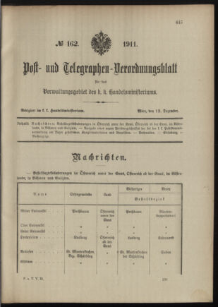 Post- und Telegraphen-Verordnungsblatt für das Verwaltungsgebiet des K.-K. Handelsministeriums 19111212 Seite: 1