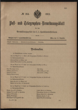 Post- und Telegraphen-Verordnungsblatt für das Verwaltungsgebiet des K.-K. Handelsministeriums 19111216 Seite: 1