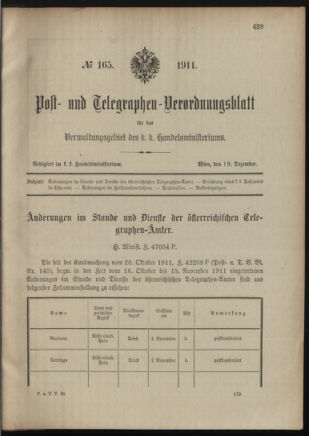 Post- und Telegraphen-Verordnungsblatt für das Verwaltungsgebiet des K.-K. Handelsministeriums 19111219 Seite: 1