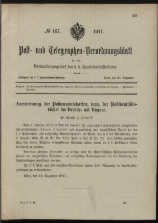 Post- und Telegraphen-Verordnungsblatt für das Verwaltungsgebiet des K.-K. Handelsministeriums 19111221 Seite: 1