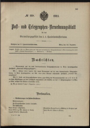 Post- und Telegraphen-Verordnungsblatt für das Verwaltungsgebiet des K.-K. Handelsministeriums 19111222 Seite: 1