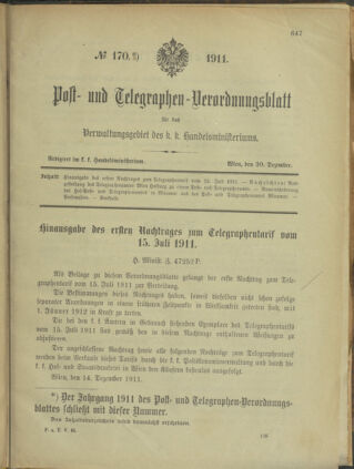 Post- und Telegraphen-Verordnungsblatt für das Verwaltungsgebiet des K.-K. Handelsministeriums 19111230 Seite: 1