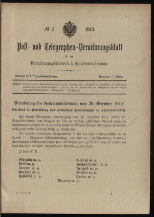 Post- und Telegraphen-Verordnungsblatt für das Verwaltungsgebiet des K.-K. Handelsministeriums 19120104 Seite: 1