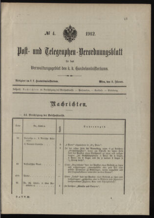 Post- und Telegraphen-Verordnungsblatt für das Verwaltungsgebiet des K.-K. Handelsministeriums 19120109 Seite: 1