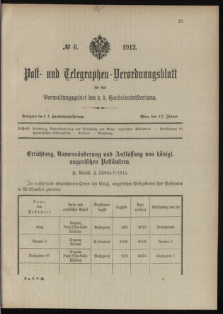 Post- und Telegraphen-Verordnungsblatt für das Verwaltungsgebiet des K.-K. Handelsministeriums 19120112 Seite: 1