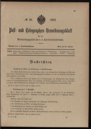 Post- und Telegraphen-Verordnungsblatt für das Verwaltungsgebiet des K.-K. Handelsministeriums 19120121 Seite: 1