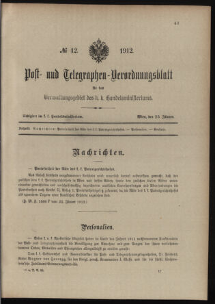 Post- und Telegraphen-Verordnungsblatt für das Verwaltungsgebiet des K.-K. Handelsministeriums 19120125 Seite: 1