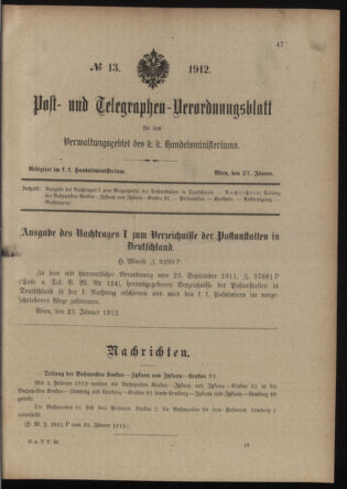 Post- und Telegraphen-Verordnungsblatt für das Verwaltungsgebiet des K.-K. Handelsministeriums 19120127 Seite: 1