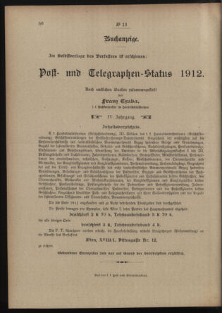 Post- und Telegraphen-Verordnungsblatt für das Verwaltungsgebiet des K.-K. Handelsministeriums 19120127 Seite: 4