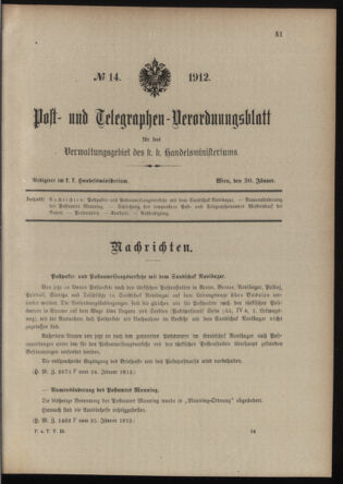 Post- und Telegraphen-Verordnungsblatt für das Verwaltungsgebiet des K.-K. Handelsministeriums 19120130 Seite: 1