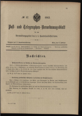 Post- und Telegraphen-Verordnungsblatt für das Verwaltungsgebiet des K.-K. Handelsministeriums 19120206 Seite: 1