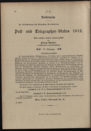 Post- und Telegraphen-Verordnungsblatt für das Verwaltungsgebiet des K.-K. Handelsministeriums 19120208 Seite: 4