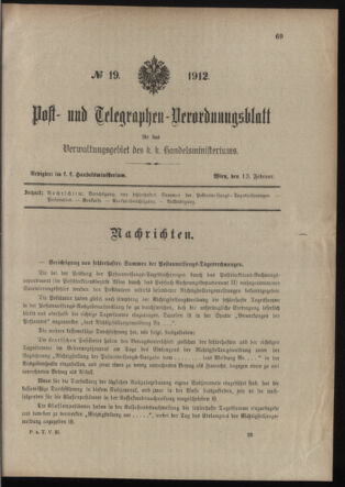 Post- und Telegraphen-Verordnungsblatt für das Verwaltungsgebiet des K.-K. Handelsministeriums 19120213 Seite: 1