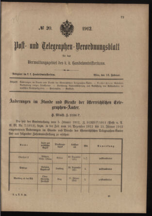 Post- und Telegraphen-Verordnungsblatt für das Verwaltungsgebiet des K.-K. Handelsministeriums 19120216 Seite: 1