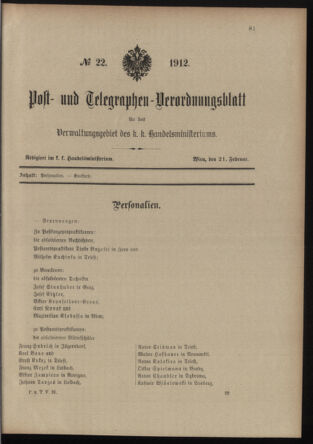 Post- und Telegraphen-Verordnungsblatt für das Verwaltungsgebiet des K.-K. Handelsministeriums 19120221 Seite: 1