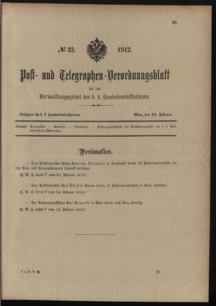 Post- und Telegraphen-Verordnungsblatt für das Verwaltungsgebiet des K.-K. Handelsministeriums 19120222 Seite: 1