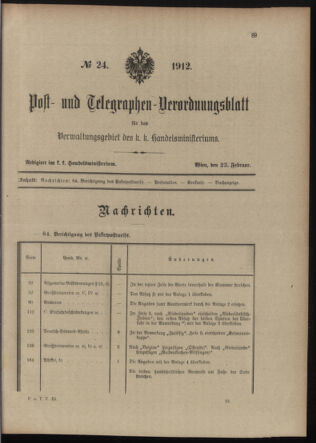 Post- und Telegraphen-Verordnungsblatt für das Verwaltungsgebiet des K.-K. Handelsministeriums 19120223 Seite: 1