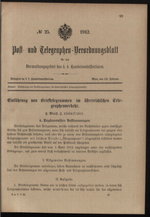 Post- und Telegraphen-Verordnungsblatt für das Verwaltungsgebiet des K.-K. Handelsministeriums 19120224 Seite: 1